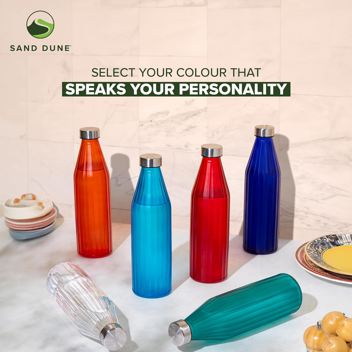 RedColour Glass water bottle, 800 ml Each, Set of 6, with Leak-Proof Airtight Stainless-Steel Lid for Water, Smoothie, Juices - Reusable Travel Glass Drinking Fridge Bottles