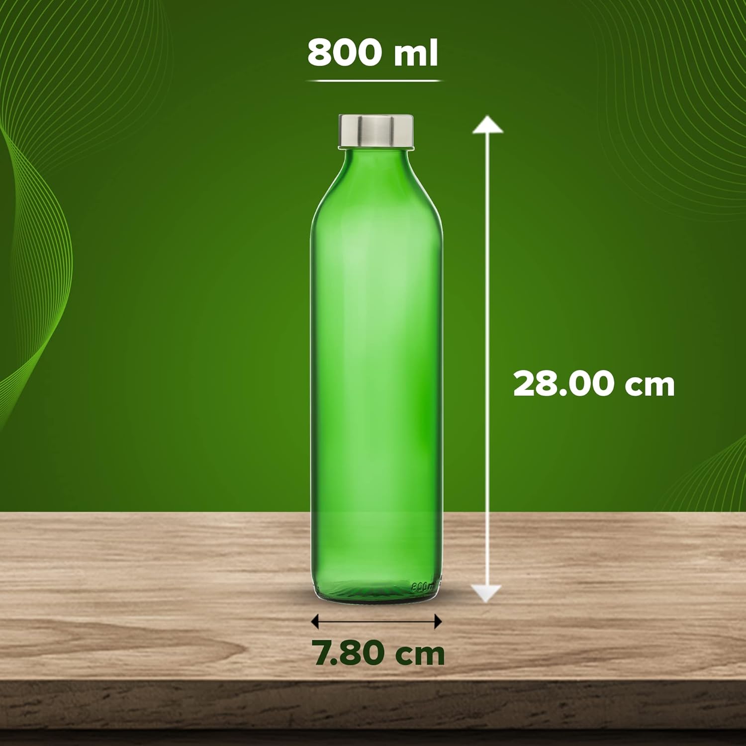 Set of 2, 800 ml Each Green Glass water bottle, with Leak-Proof Airtight Stainless-Steel Lid for Water, Smoothie, Juices - Reusable Travel Glass Drinking Fridge Bottles